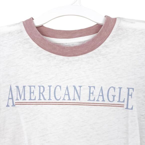 American Eagle White Burnout Spellout Ringer T Shirt Sz XS - Picture 2 of 6